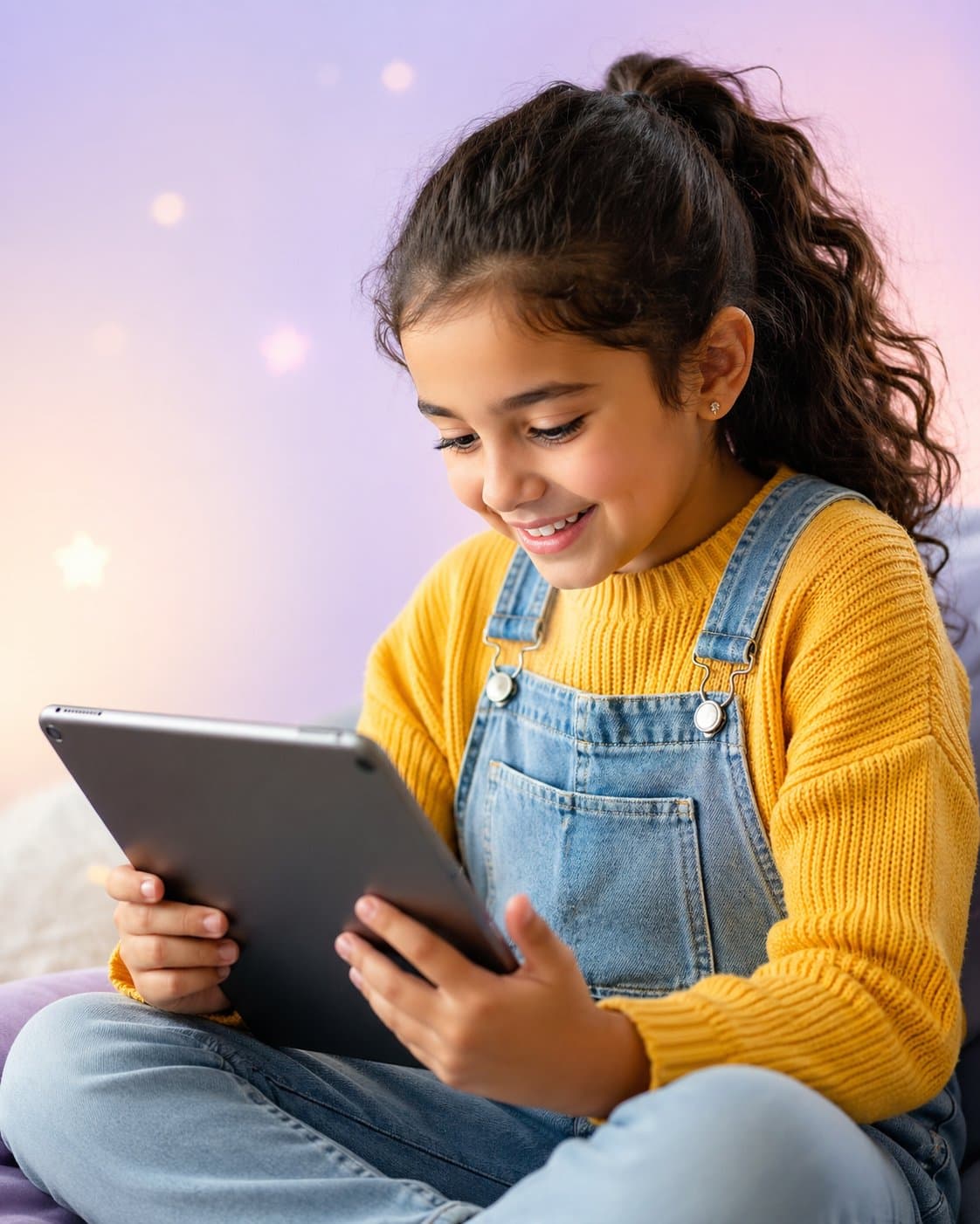 Criança a sorrir enquanto aprende matemática no tablet