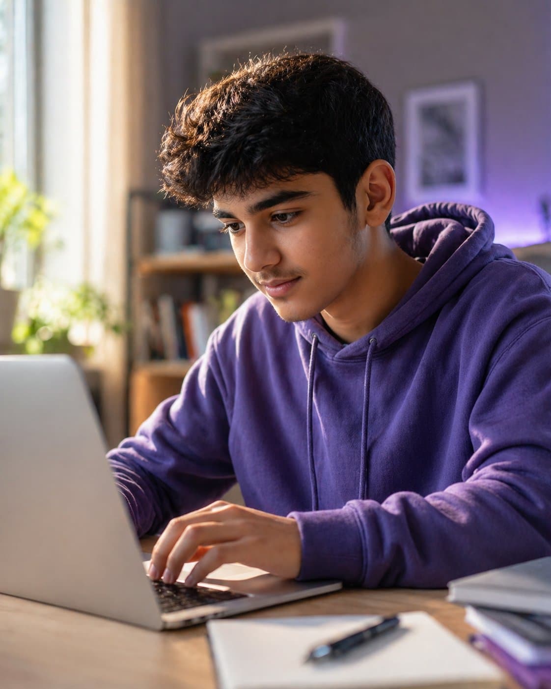 Adolescente concentrado a estudar no portátil