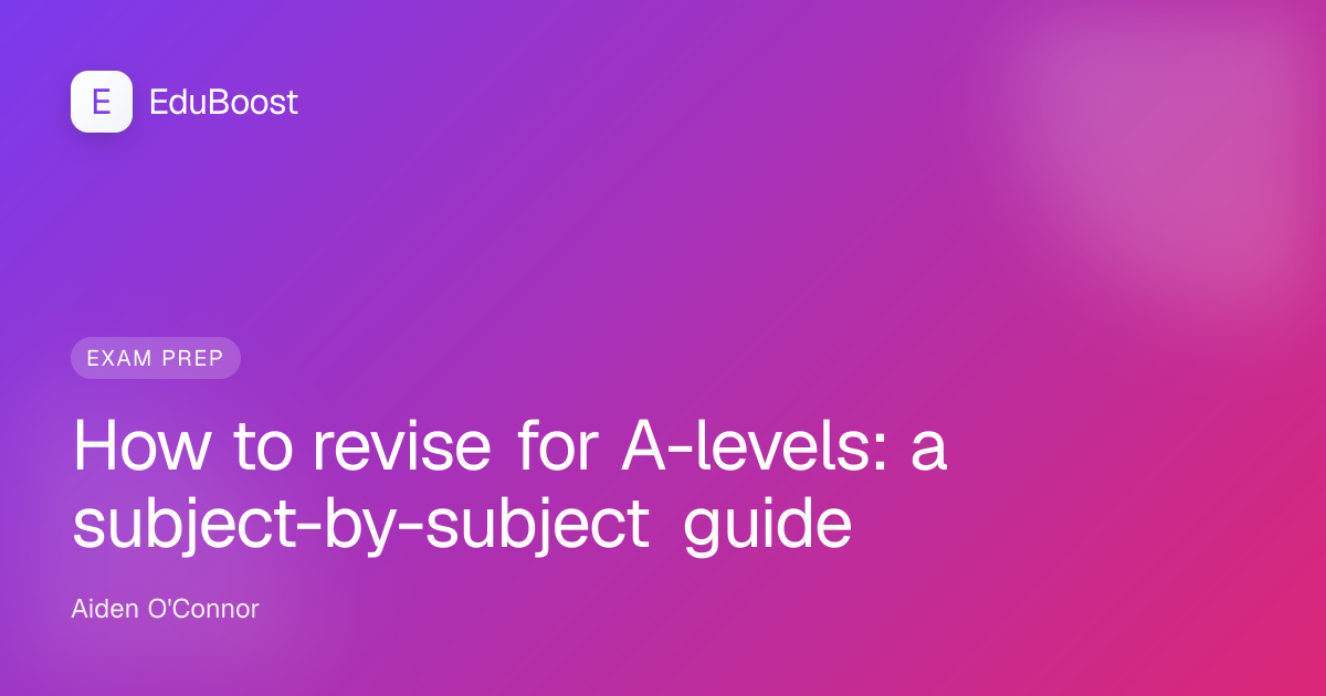 Year 13 student revising at a desk with subject-organised notes and past papers for A-level exams